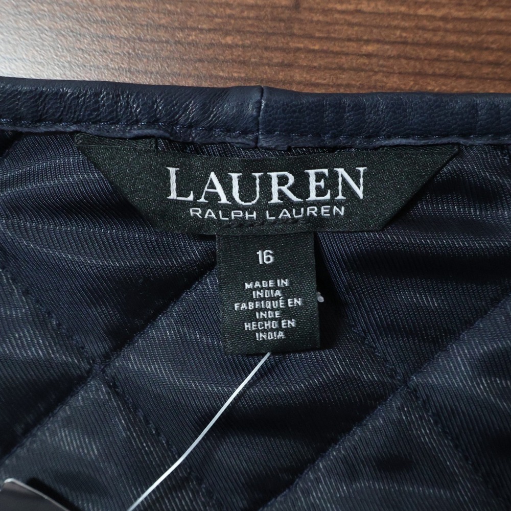 Lauren Ralph Lauren Diamond Quilted Leather Jacket Women 16 Navy Cropped $695NWT - Picture 2 of 14